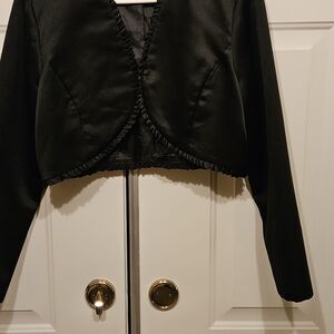 dressbarn Black Satin Bolero with Ruffle Trim